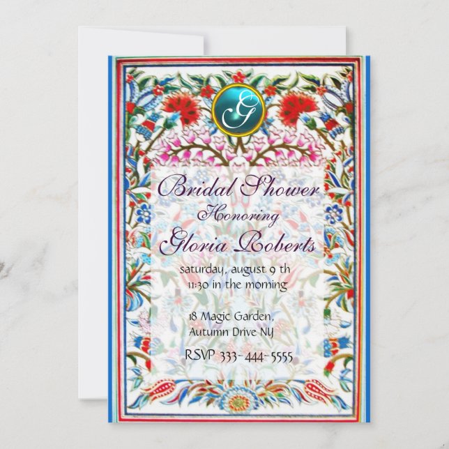 Invitación FLORES ORIENTALES DAMASK MONOGRAM Blue Aquamarine (Anverso)