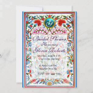 Invitación FLORES ORIENTALES DAMASK MONOGRAM Blue Aquamarine