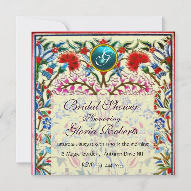 Invitación FLORES ORIENTALES DAMASK MONOGRAM Hielo azul (Anverso)