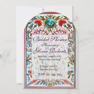 Invitación FLORES ORIENTALES RODADOS DAMASK MONOGRAM Blue Pea