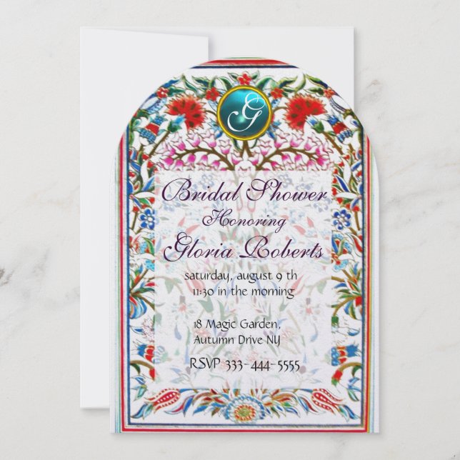Invitación FLORES ORIENTALES RODADOS DAMASK MONOGRAM Blue Pea (Anverso)