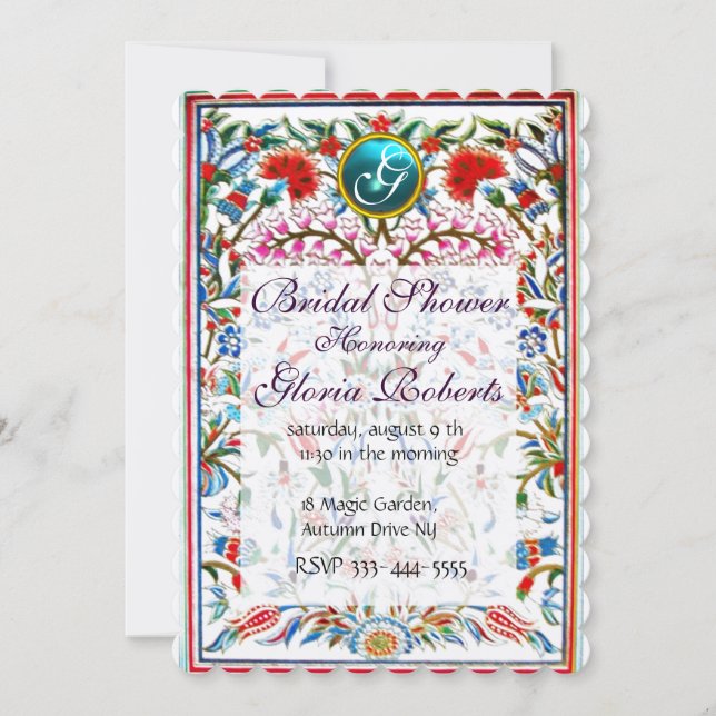 Invitación FLORES ORIENTALES ROJOS DAMASK MONOGRAM Plata azul (Anverso)