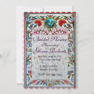 Invitación FLORES ORIENTALES ROJOS DAMASK MONOGRAM Plata azul