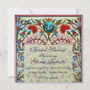 Invitación FLORES ORIENTALES ROJOS DAMASK MONOGRAM Plata azul