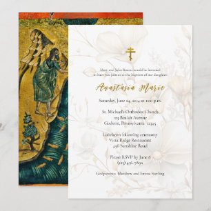 Invitación Flores Ortodoxas de Bautismo de Oro y Marfil Elega