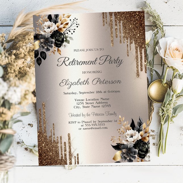 Invitación Flores Oscuras Brillan Goteos Fiesta de Jubilación (Subido por el creador)