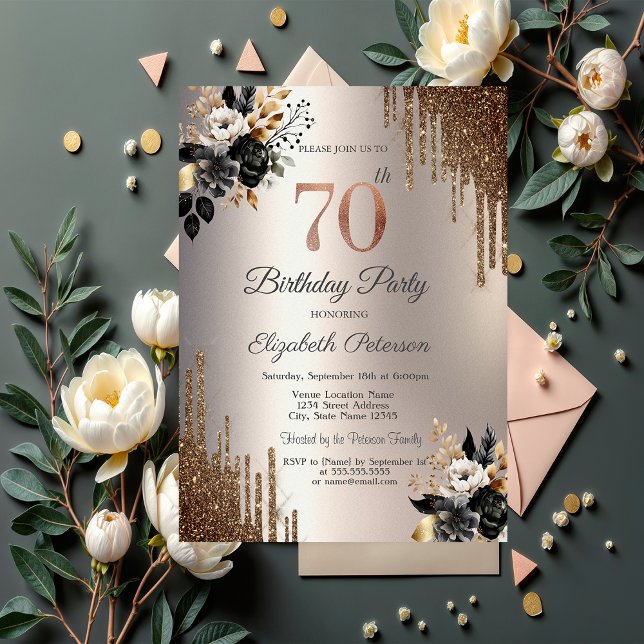 Invitación Flores Oscuras Brillo Gotea Marfil Cumpleaños 70 (Subido por el creador)