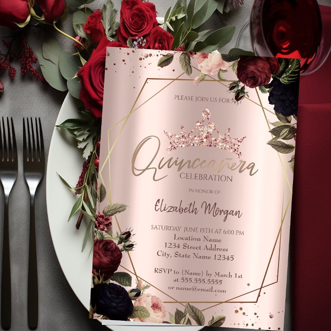 Invitación Flores Oscuras Crown Rosa Oro Quinceañera (Subido por el creador)