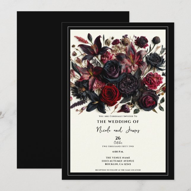 Invitación Flores Oscuras de Boda Elegantes de Otoño Prensada (Anverso / Reverso)