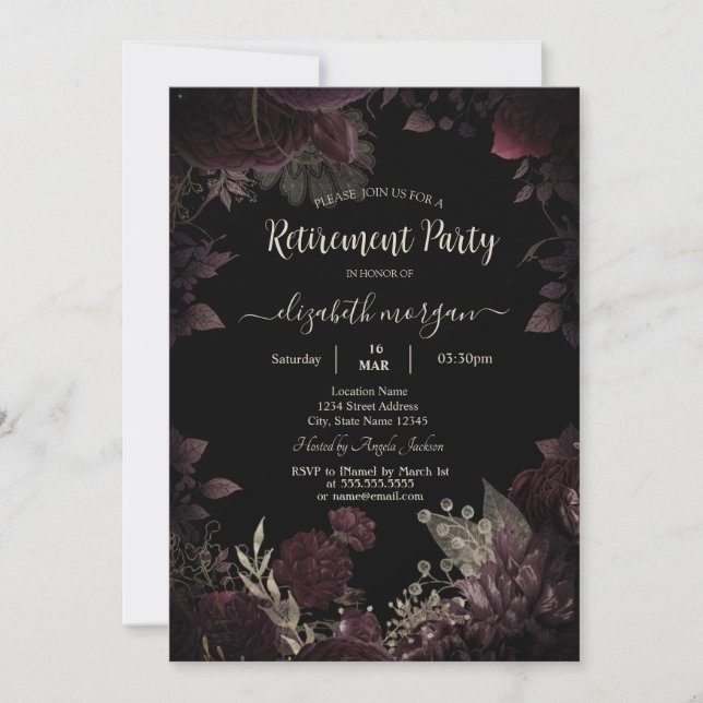 Invitación Flores oscuras elegantes de burgundy marco jubilac (Anverso)