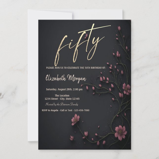 Invitación Flores Oscuras Gótico 50 Cumpleaños (Anverso)