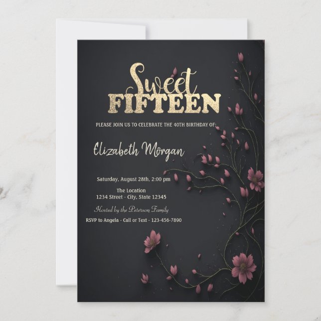 Invitación Flores Oscuras Gótico 5to Cumpleaños (Anverso)