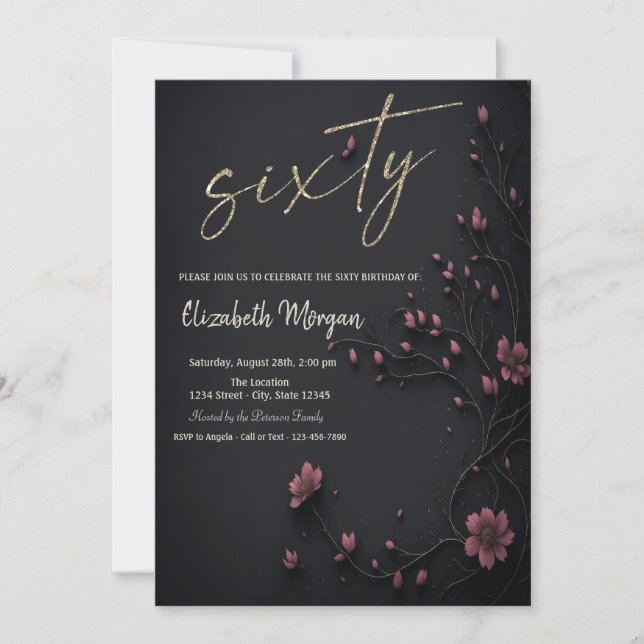 Invitación Flores Oscuras Gótico 60 Cumpleaños (Anverso)