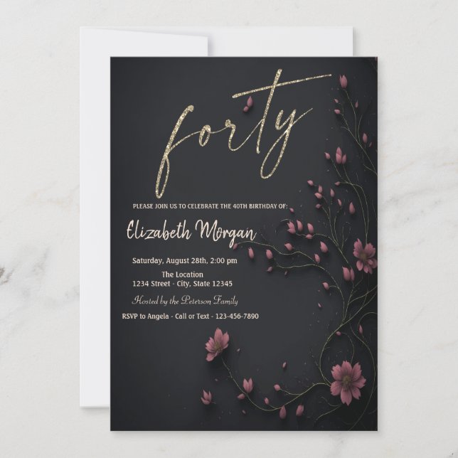Invitación Flores Oscuras Gótico Cumpleaños 40 (Anverso)