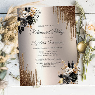 Invitación Flores oscuras Purpurina gotea Fiesta de retiro de