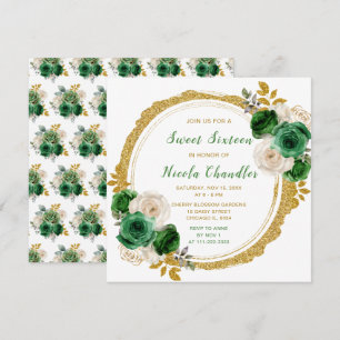 Invitación Flores Oscuras Verdes y Oro Elegantes Dieciséis
