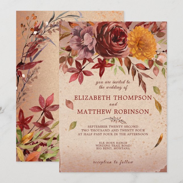 Invitación Flores Otoñales Rústicas Rosa Borgona Otoño Boda (Anverso / Reverso)