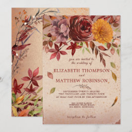 Invitación Flores Otoñales Rústicas Rosa Borgona Otoño Boda