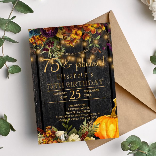 Invitación Flores oxidadas de otoño chic rústico 75 años fabu (Subido por el creador)