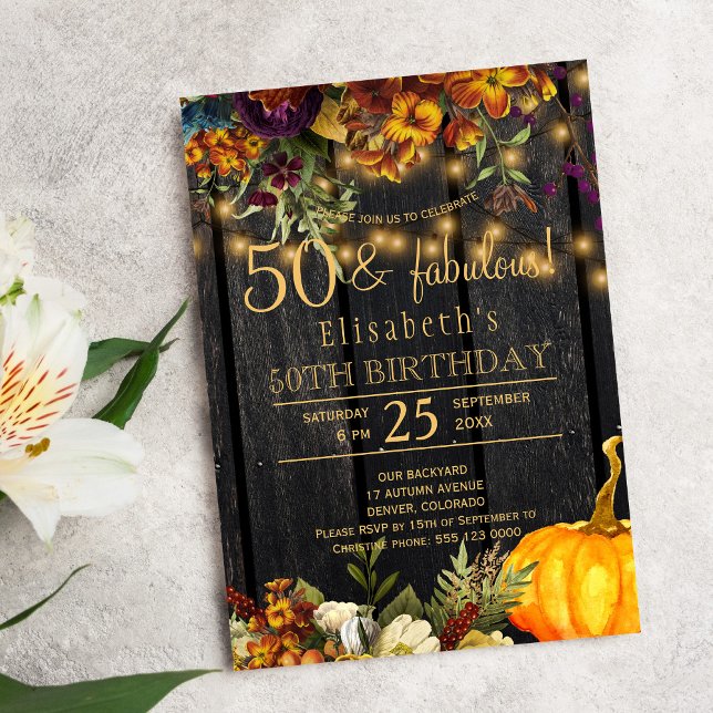 Invitación Flores oxidadas de otoño rústico chic 50 años fabu (Subido por el creador)