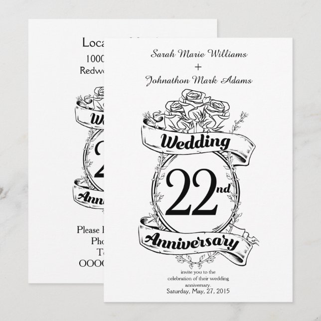 Invitación Flores para Aniversario de Bodas 22 (Anverso / Reverso)