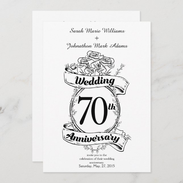 Invitación Flores para el 70º Aniversario de Boda en Negro y  (Anverso / Reverso)