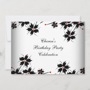 Invitación Flores para Fiesta de Cumpleaños Rojo Negro Blanco