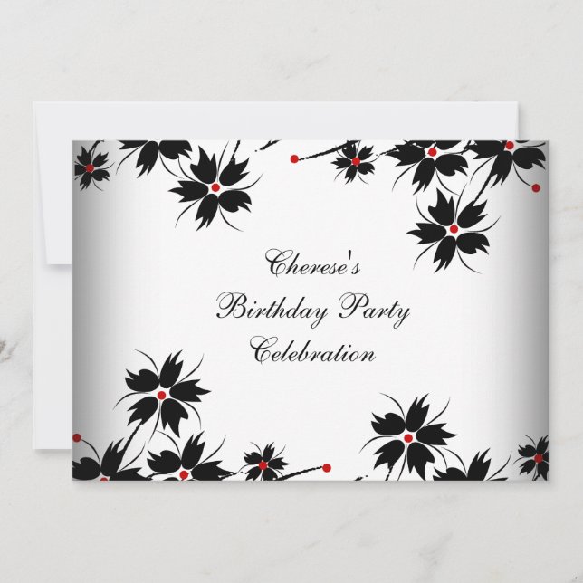 Invitación Flores para Fiesta de Cumpleaños Rojo Negro Blanco (Anverso)