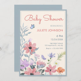 Invitación Flores pastel acuáticas mariposa ducha de bebé