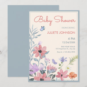 Invitación Flores pastel acuáticas mariposa ducha de bebé