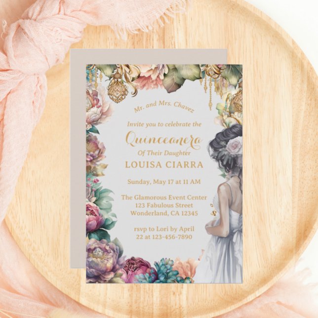Invitación Flores Pastel de oro Glamoroso Quinceanera (Subido por el creador)
