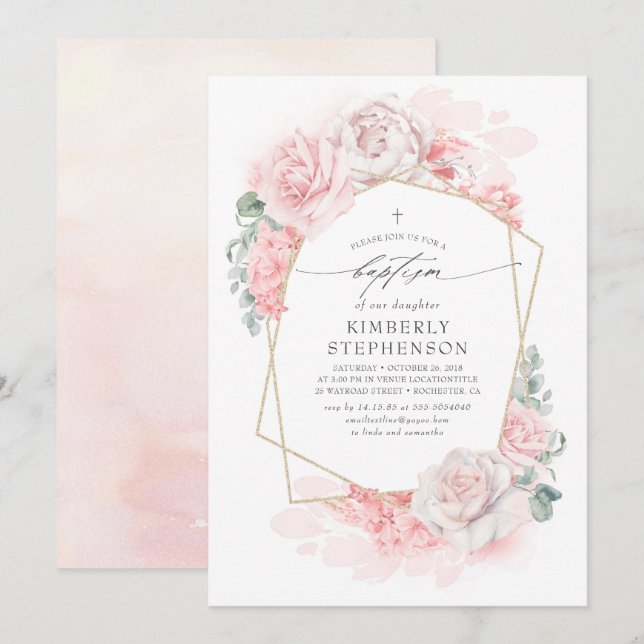 Invitación Flores Pastel Rosa Suave Flores Elegante Bautismo  (Anverso / Reverso)