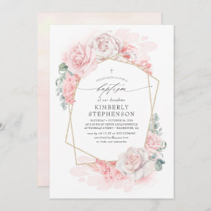 Invitación Flores Pastel Rosa Suave Flores Elegante Bautismo 