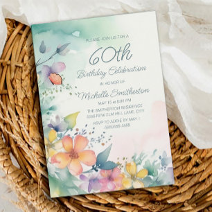 Invitación Flores Pastel Rosa Verde Acuarela Cumpleaños 60