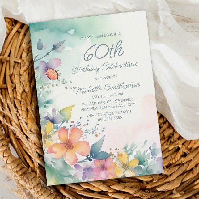 Invitación Flores Pastel Rosa Verde Acuarela Cumpleaños 60 (Teal, pink, yellow floral 60th birthday party invitation)