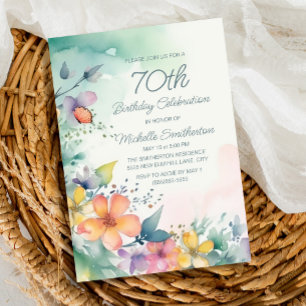 Invitación Flores Pastel Rosa Verde Acuario Cumpleaños 70