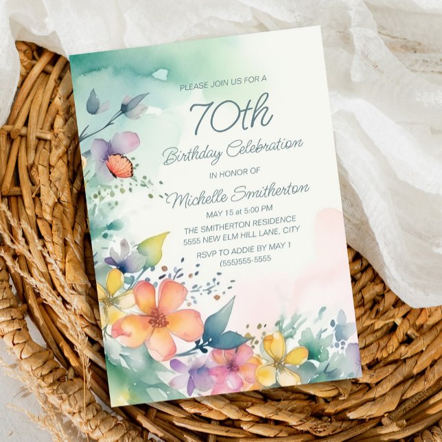 Invitación Flores Pastel Rosa Verde Acuario Cumpleaños 70 (Spring watercolor floral on teal 70th birthday party invitation)