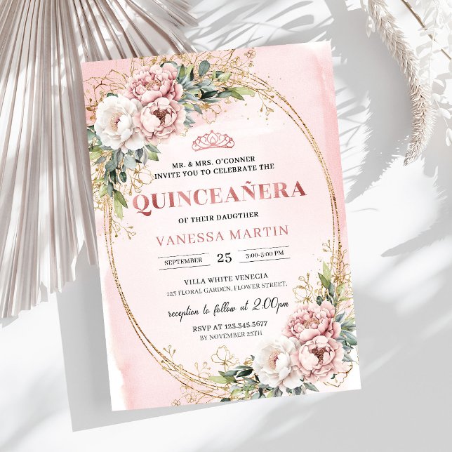 Invitación Flores pastel rosadas en flor Eucalipto 15 cumplea (Blooming Pastel Pink Flowers Eucalyptus 15th Birthday Invite

)