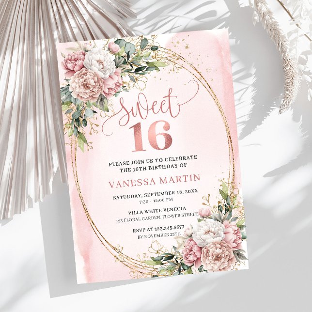 Invitación Flores pastel rosadas en flor eucalipto 16 cumplea (Blooming Pastel Pink Flowers Eucalyptus 16th Birthday Invite

)