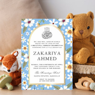 Invitación Flores Patrón Azul Aqiqa Aqeqa Bebé