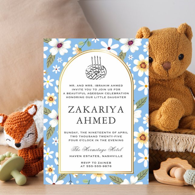Invitación Flores Patrón Azul Aqiqa Aqeqa Bebé (Subido por el creador)