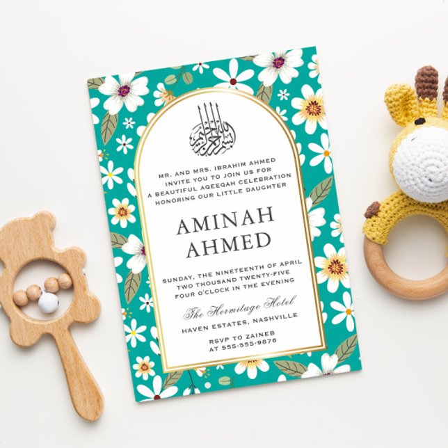 Invitación Flores Patrón de Aqiqa islámica verde Aqeeqa Bebé (Subido por el creador)