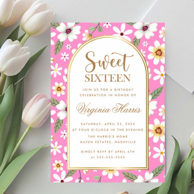 Invitación Flores Patrón Dulce Rosa Dieciséis Años (Subido por el creador)