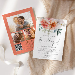 Invitación Flores Peonías de Melocotón Código QR Boda 3 Fotos