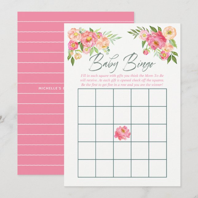 Invitación Flores peony Primavera Baby Shower Bingo (Anverso / Reverso)