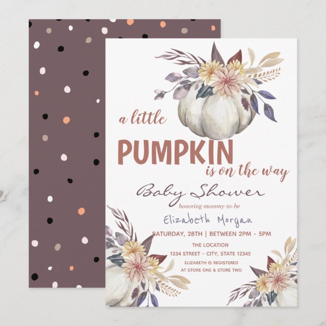 Invitación Flores pequeñas de calabaza, puntos de Baby Shower (Anverso / Reverso)