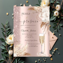 Invitación Flores Perlas Purpurinas y ducha de novia Prosecco