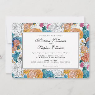 Invitación Flores pintadas a mano azul y Naranja - Boda