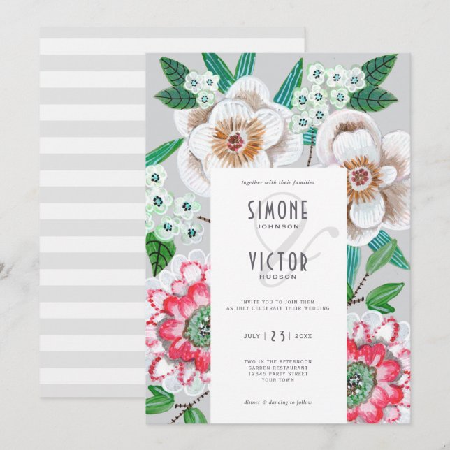 Invitación Flores pintadas a mano verde elegante boda (Anverso / Reverso)