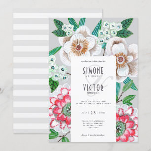 Invitación Flores pintadas a mano verde elegante boda